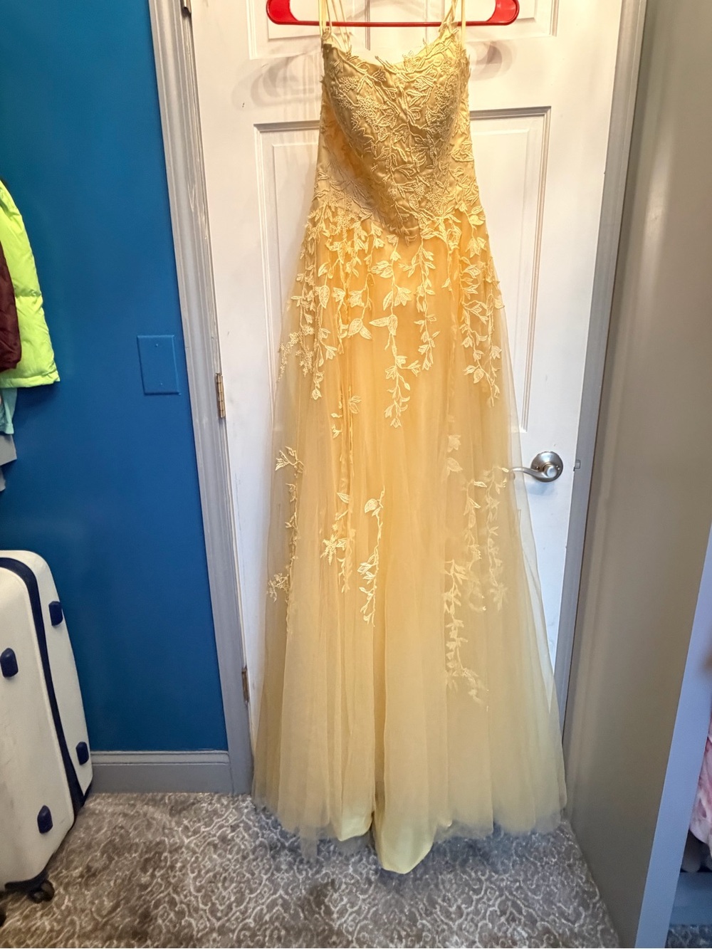 Yellow Lace Appliqué Tulle Gown